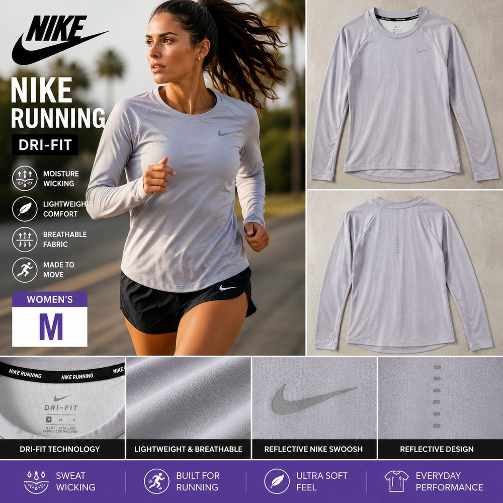 Nike Running Dri-FIT Long Sleeve Shirt Purple Heathered Reflective Womens Medium